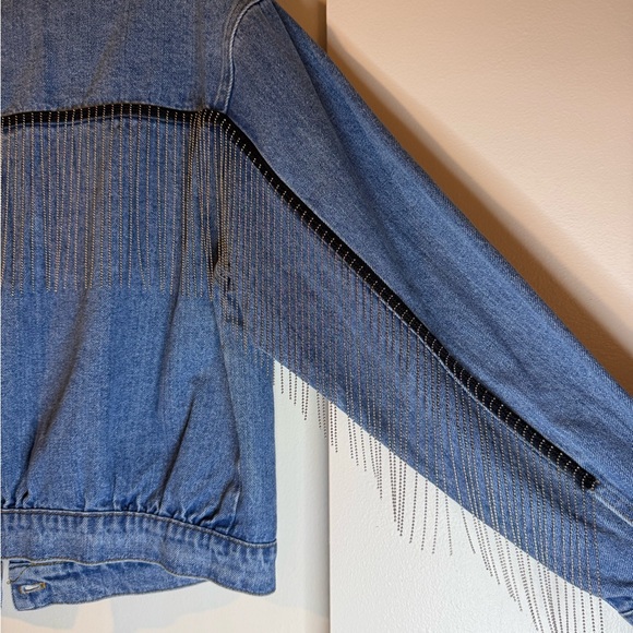 Denim Jean Jacket with Delicate Chains Detail in Sleeves and Back - Picture 7 of 11